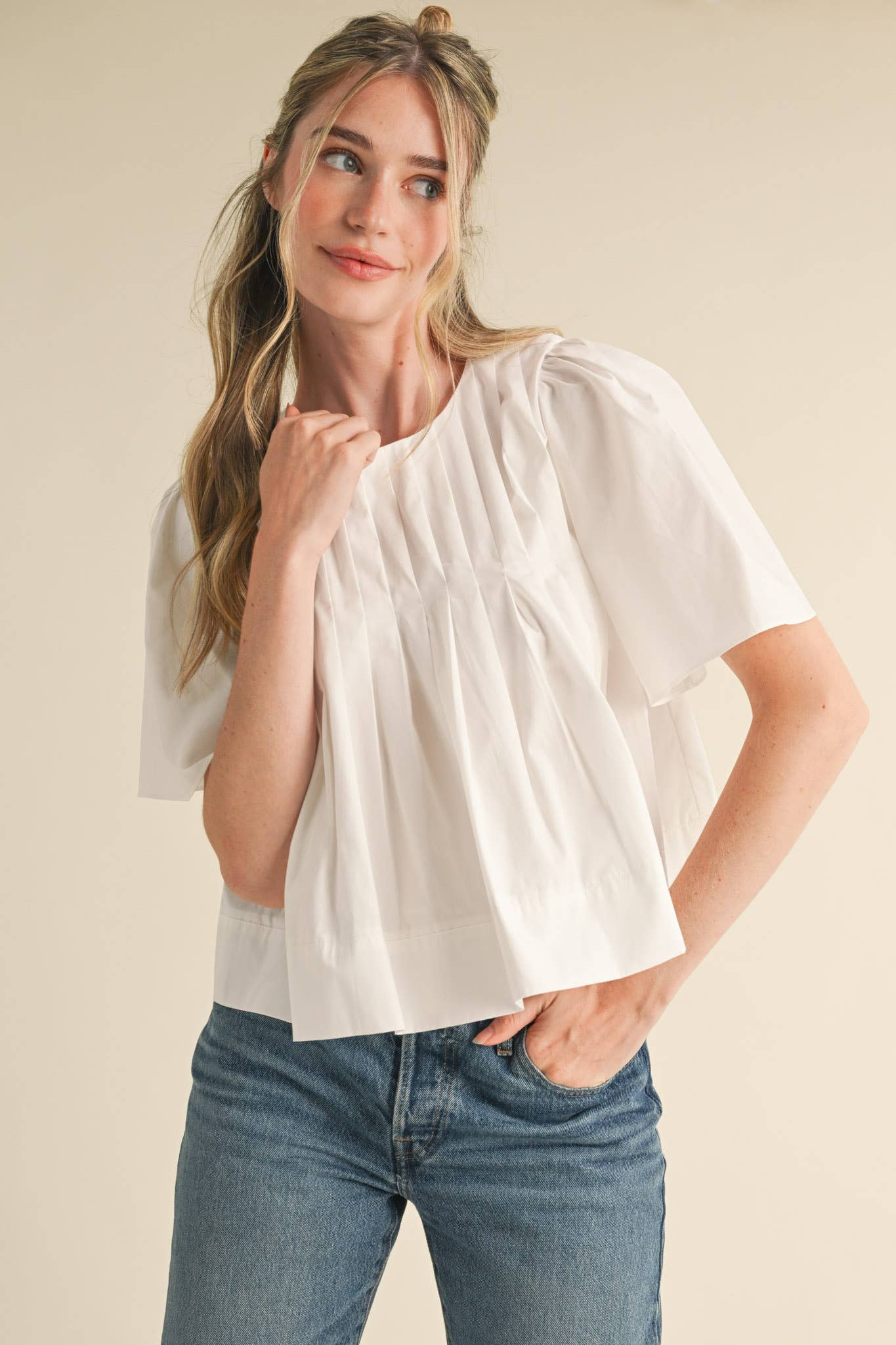 PLEATED SHORT SLEEVE TOP CERISE PINK
