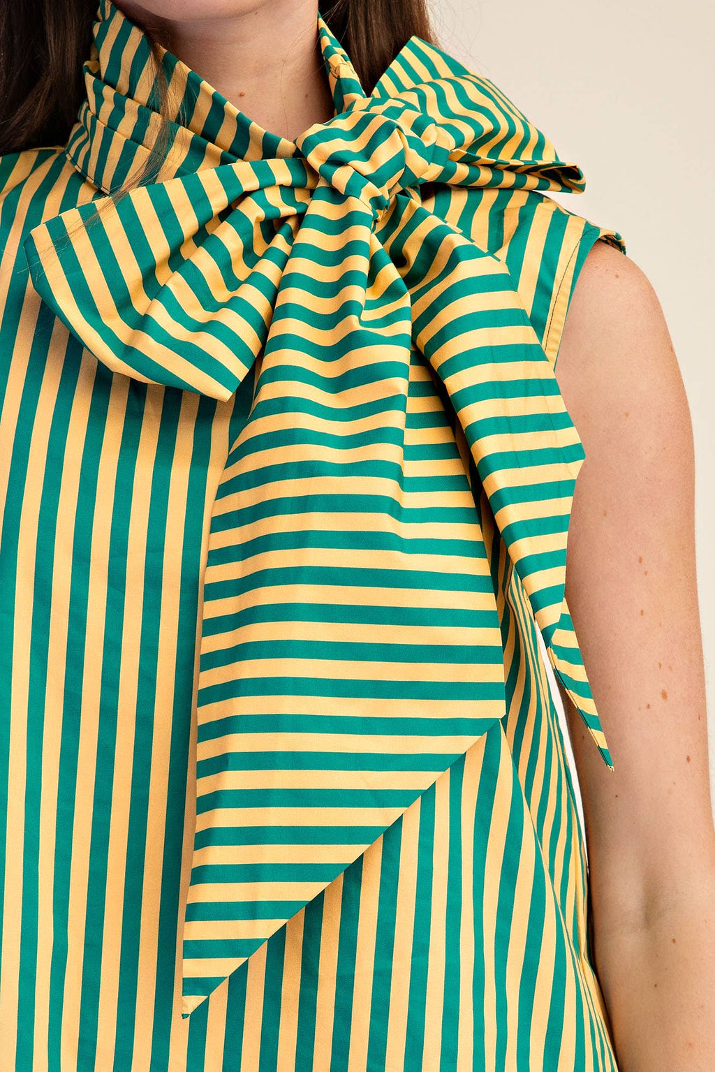 Green & Gold Tie Neck Sleeveless Stripe Top