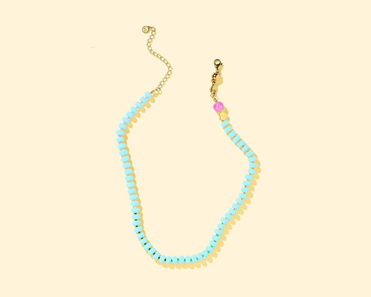 Beaded Necklace - Sky Blue + Multi-Colored Beads - Haley