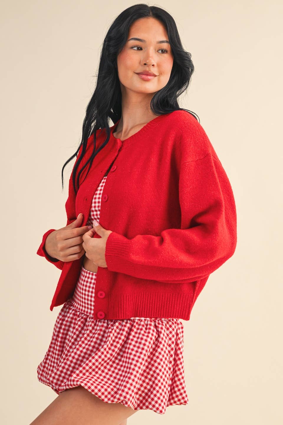 Knit Button Up Cardigan Sweater: Red