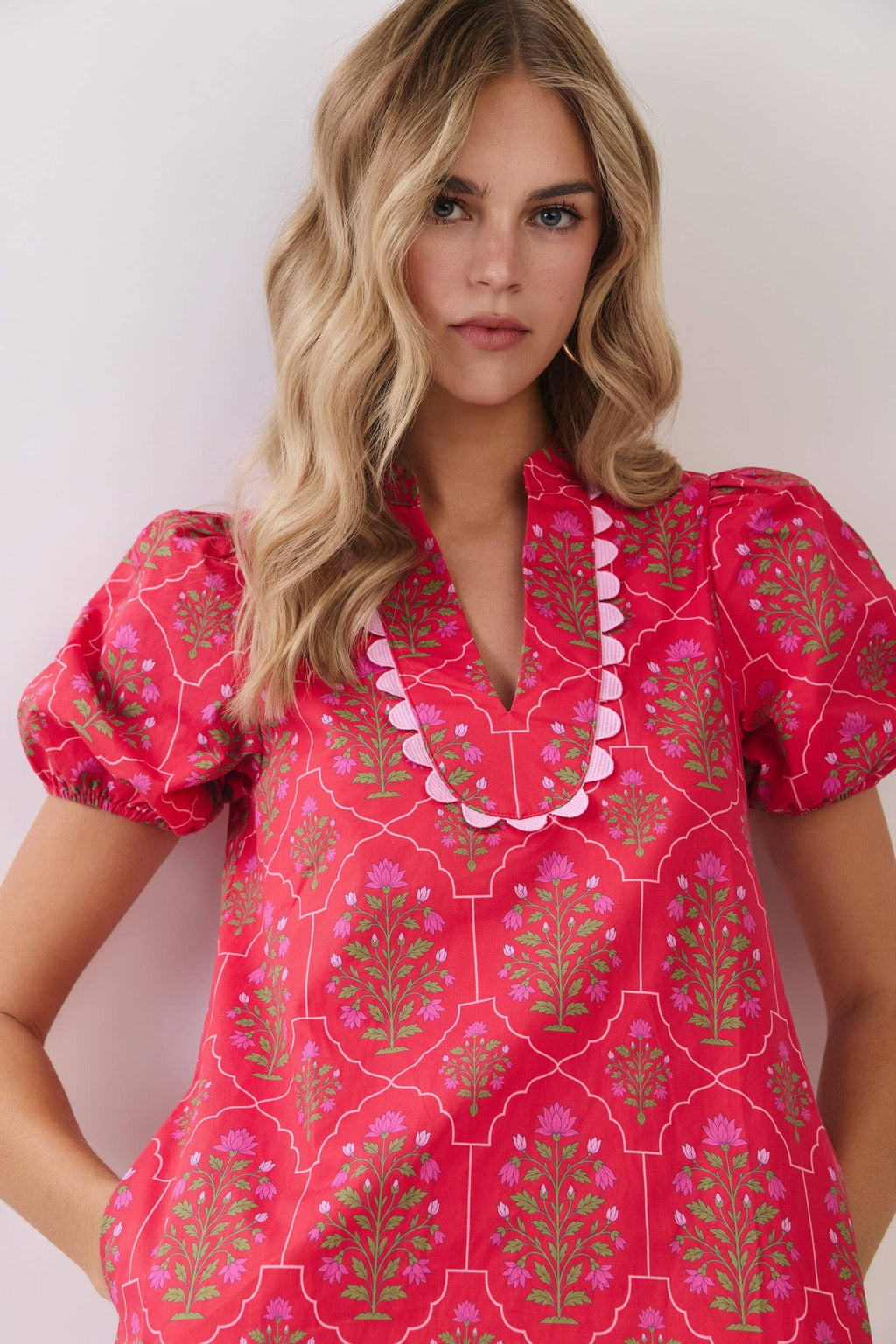 Scallop Trim Detail Berry Floral Mini Dress