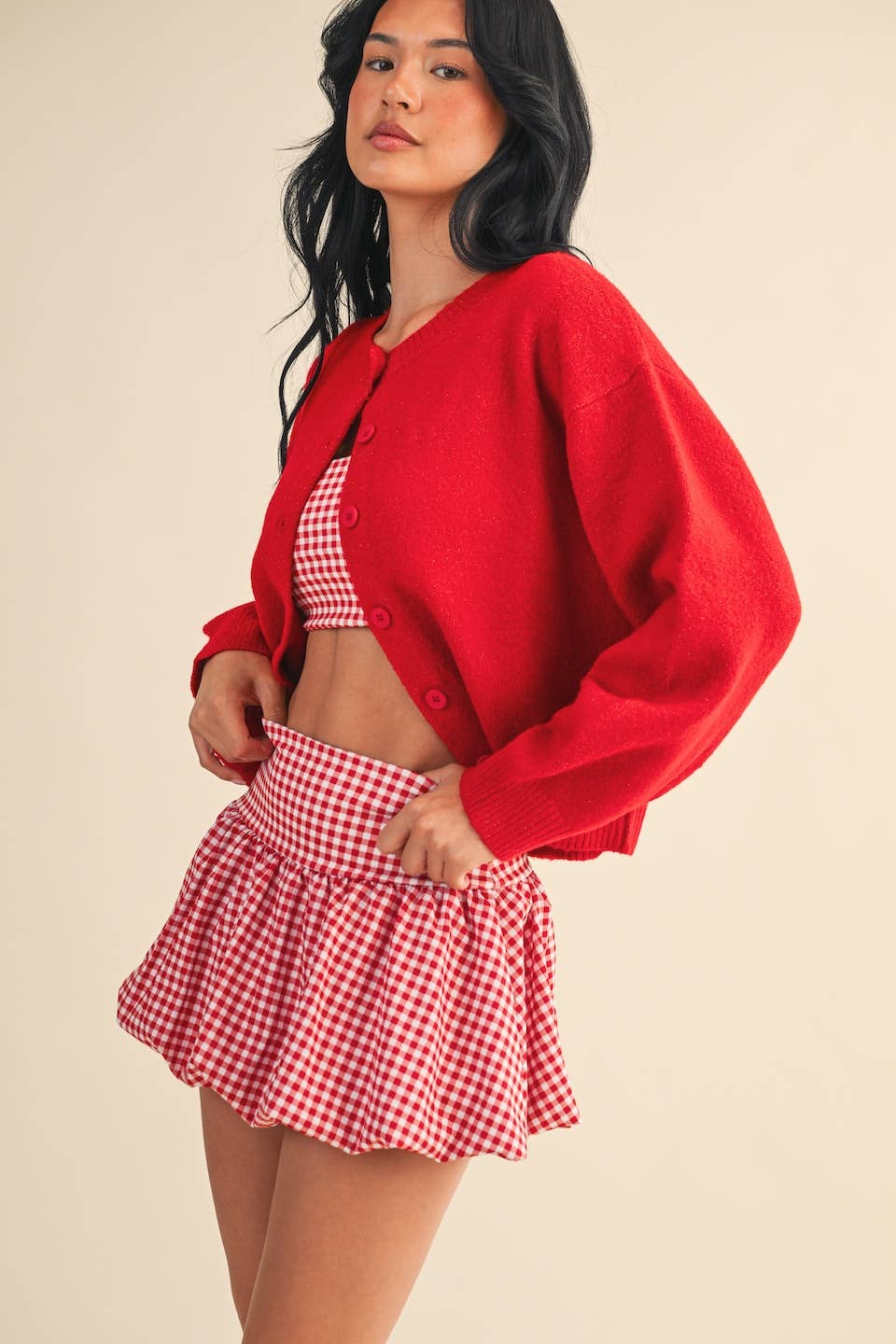 Knit Button Up Cardigan Sweater: Red