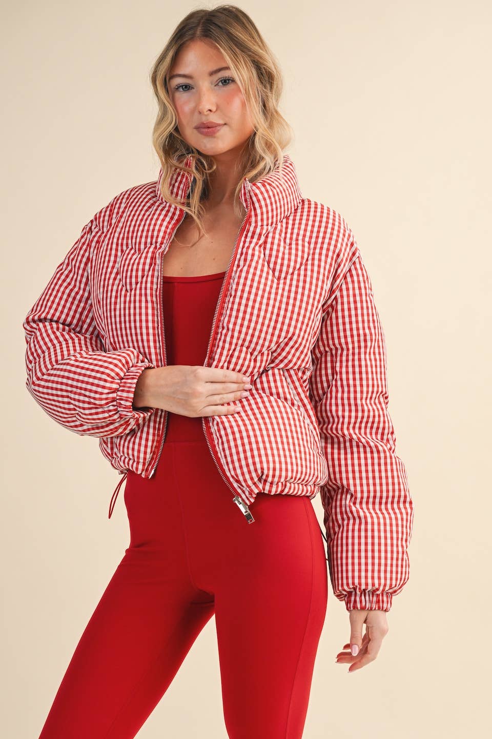 Red Gingham Print Puffer Jacket with Heart Shaped Quilting