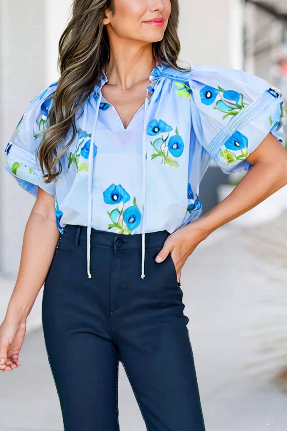 French Blue Floral Print Flutter Sleeve Tie Neck Top