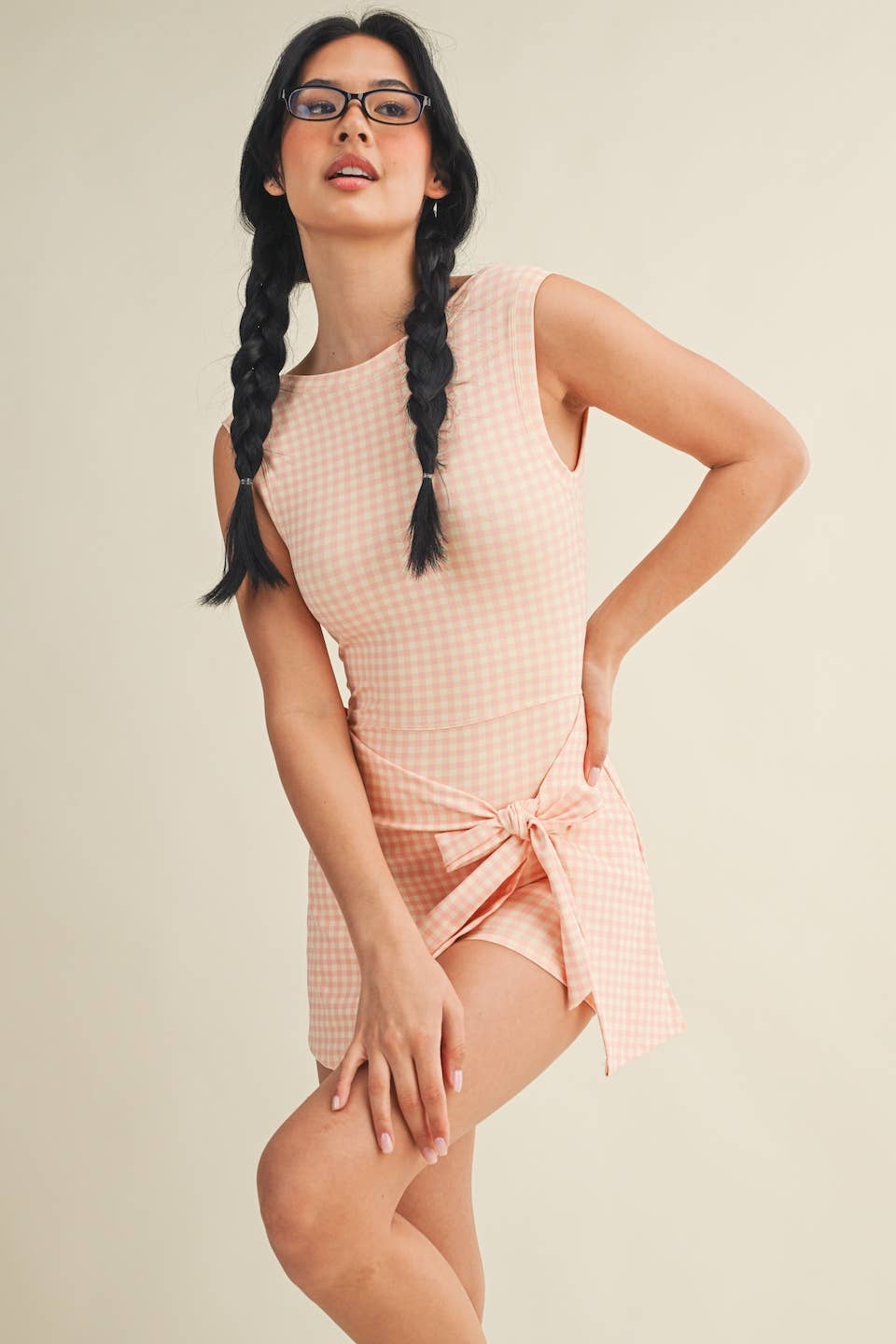Pink Gingham Print Sleeveless Wrap Tie Front Dress