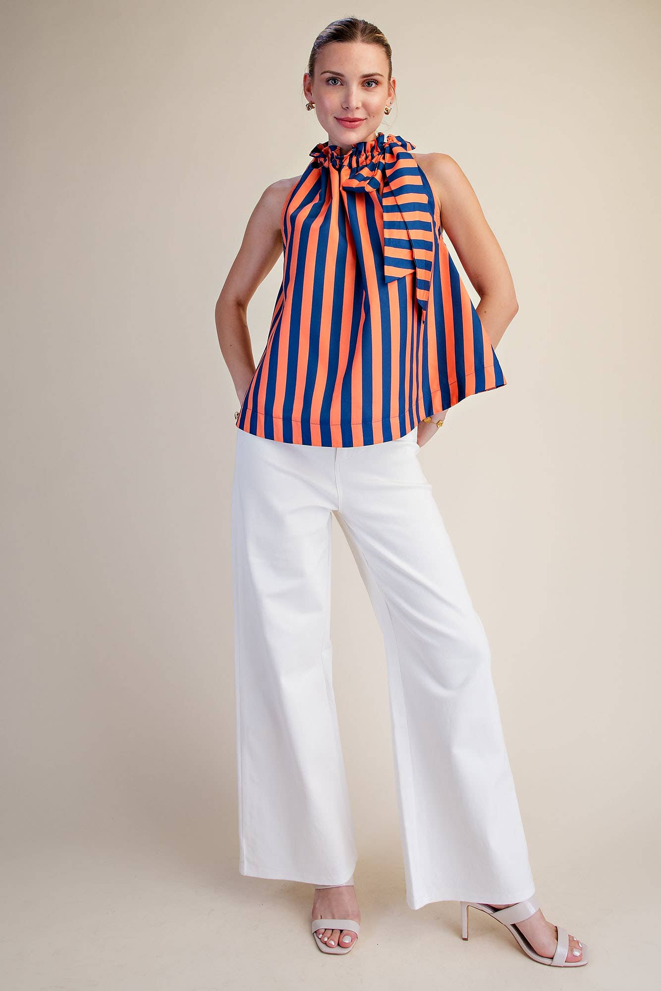 Ruffle Neck Tie Sleeveless Stripe Top