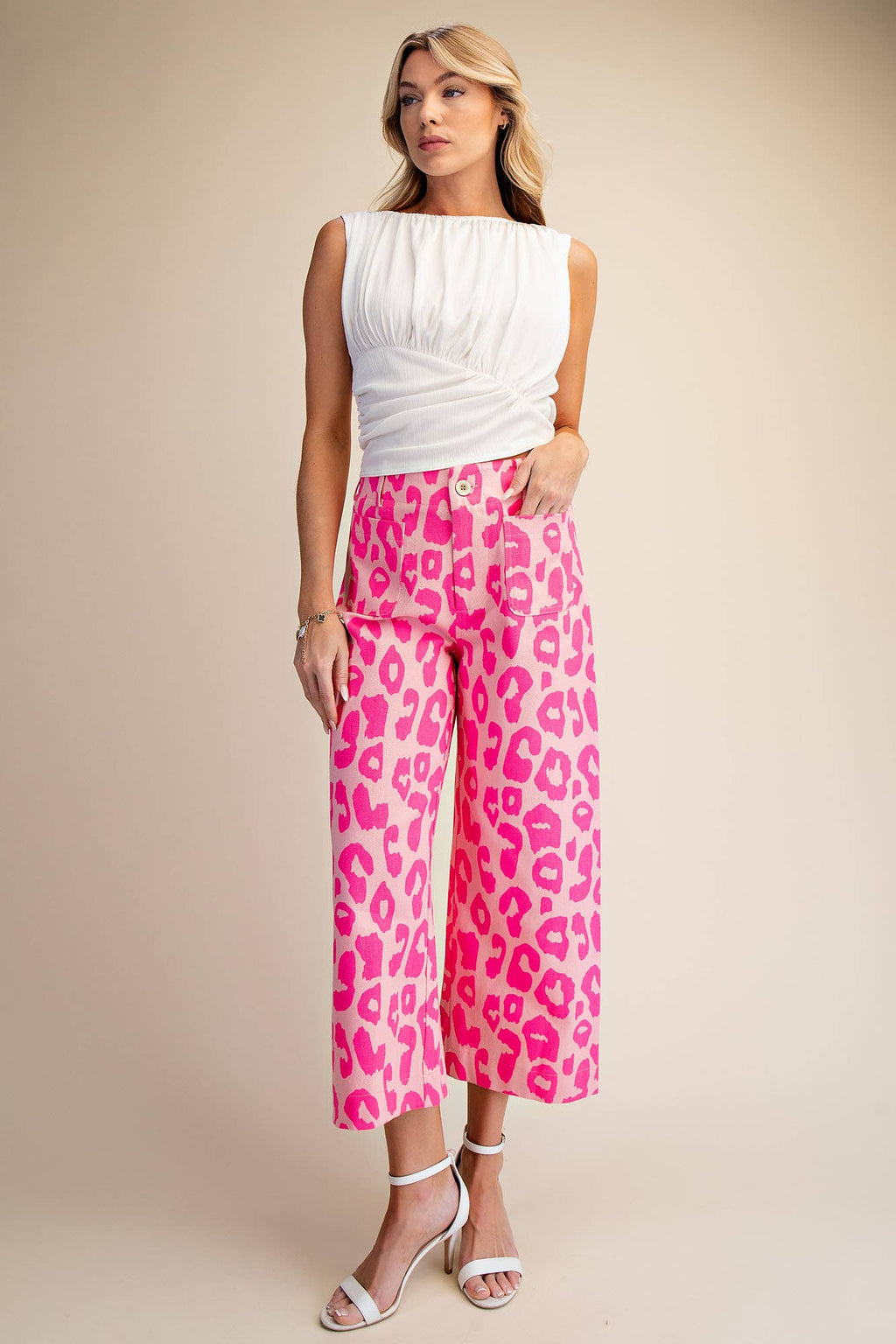 Colette Cropped Wide-Leg Neon Pink Leopard Pants