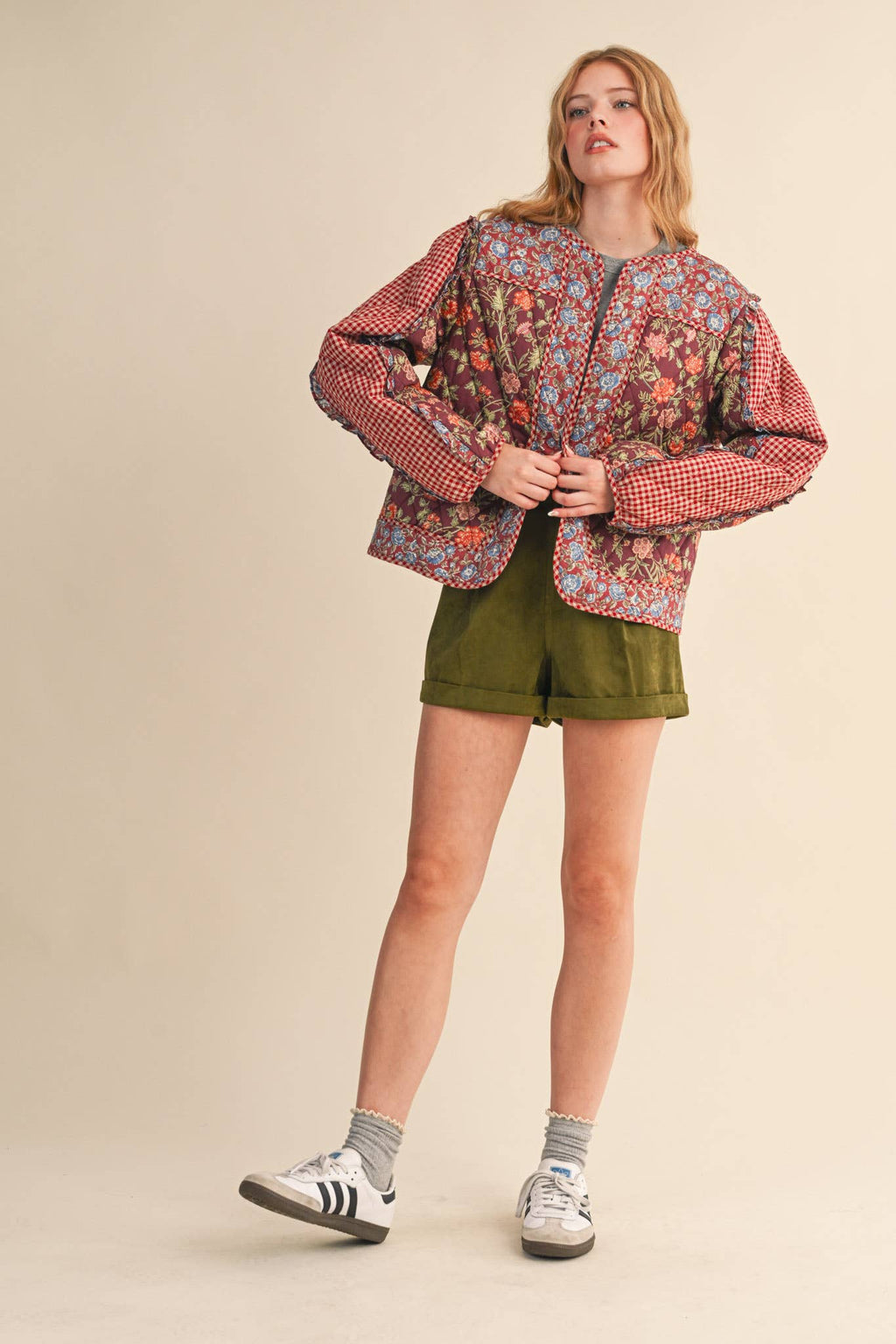 BURGUNDY MIXED PRINT QUILTED JACKET WITH RUFFLE TRIM