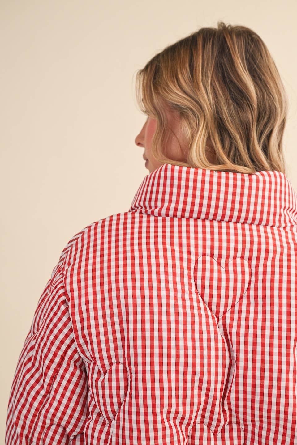 Red Gingham Print Puffer Jacket with Heart Shaped Quilting