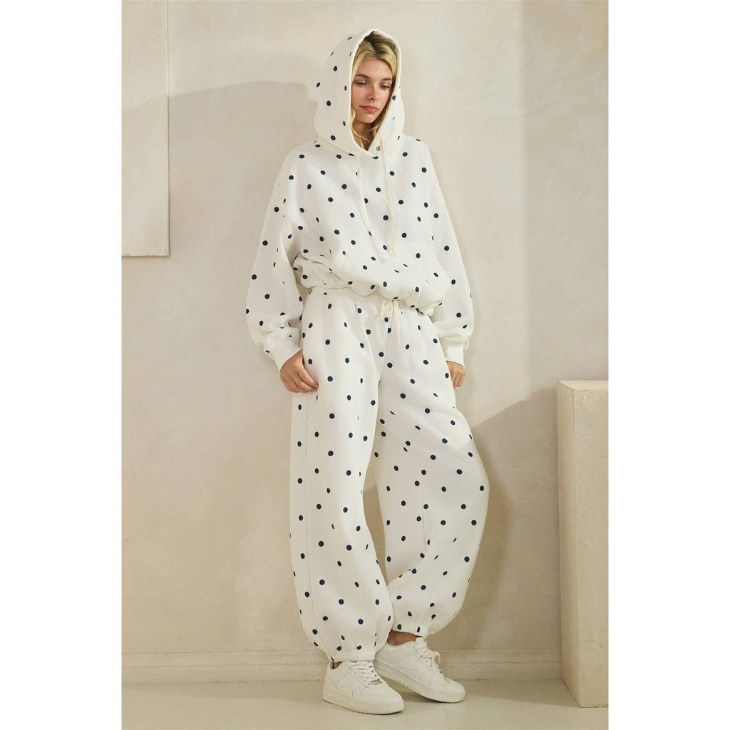 Printed Bubble Hem Sweat Set | Cream Navy Polka Dot