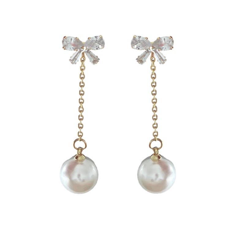 Crystal Bow and Pearl Drop Swingy Statement Earrings