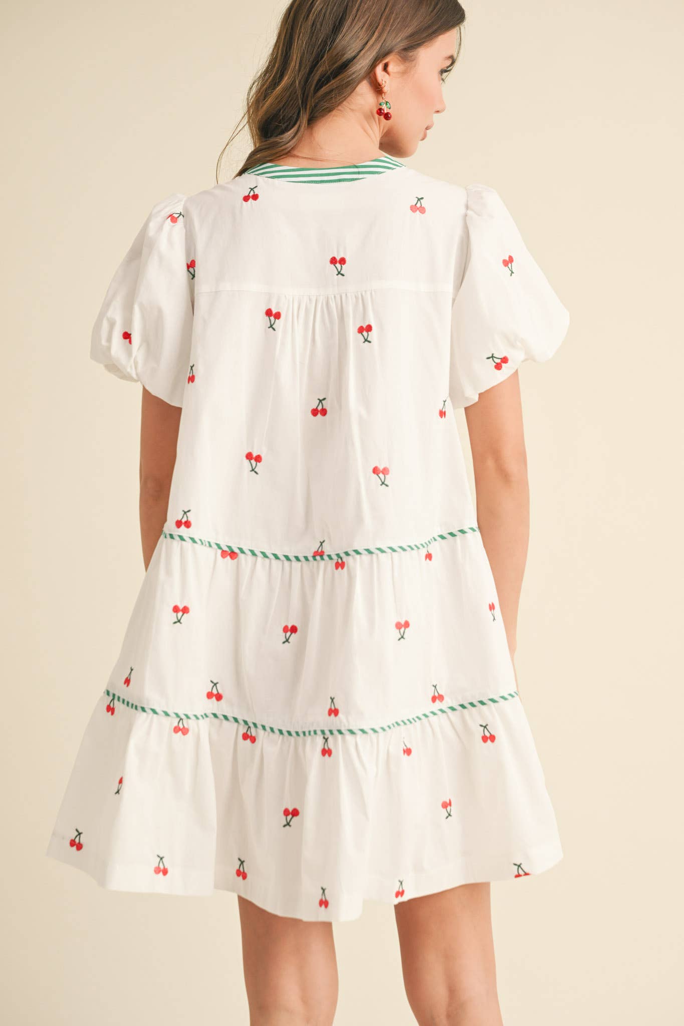 CHERRY EMBROIDERY PUFF SLEEVE MINI DRESS