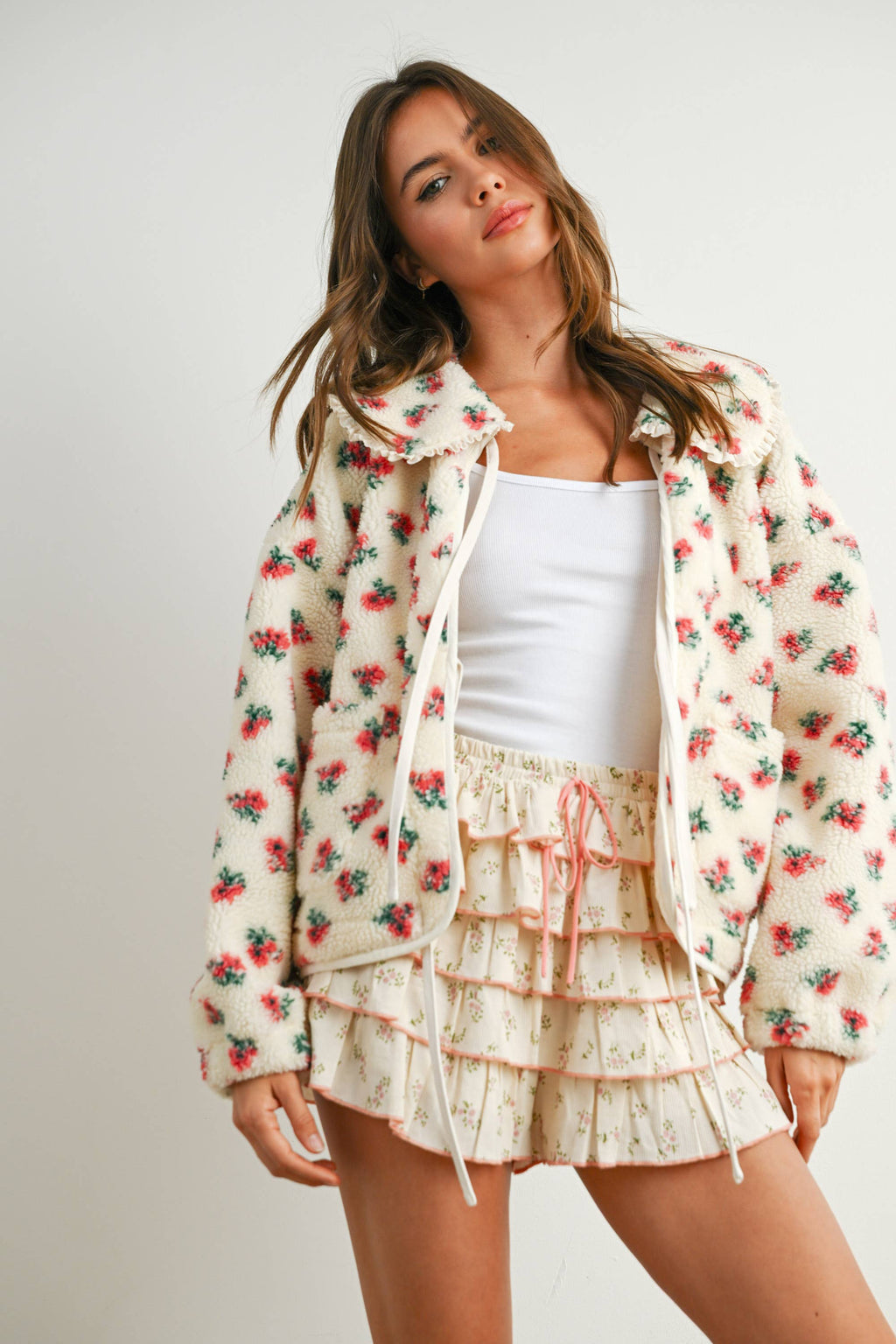Floral Puffy Tie-Front Sherpa Jacket