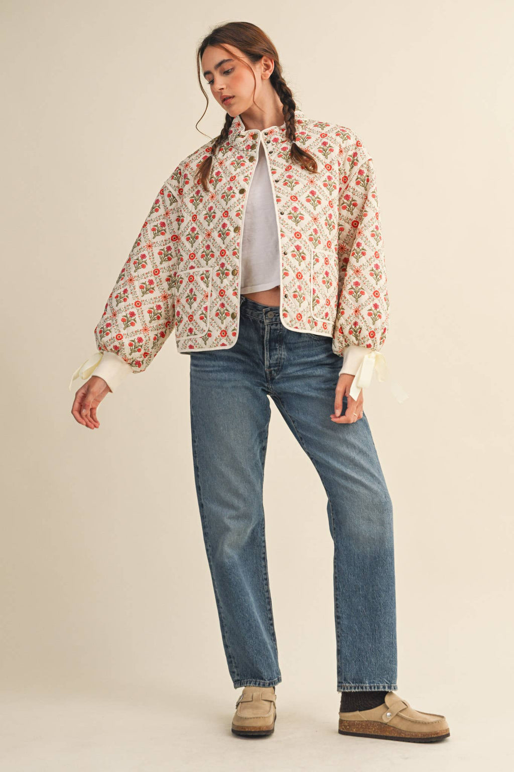 FLORAL QUILTED JACKET WITH RIBBON DETAIL | Ivory Red Floral