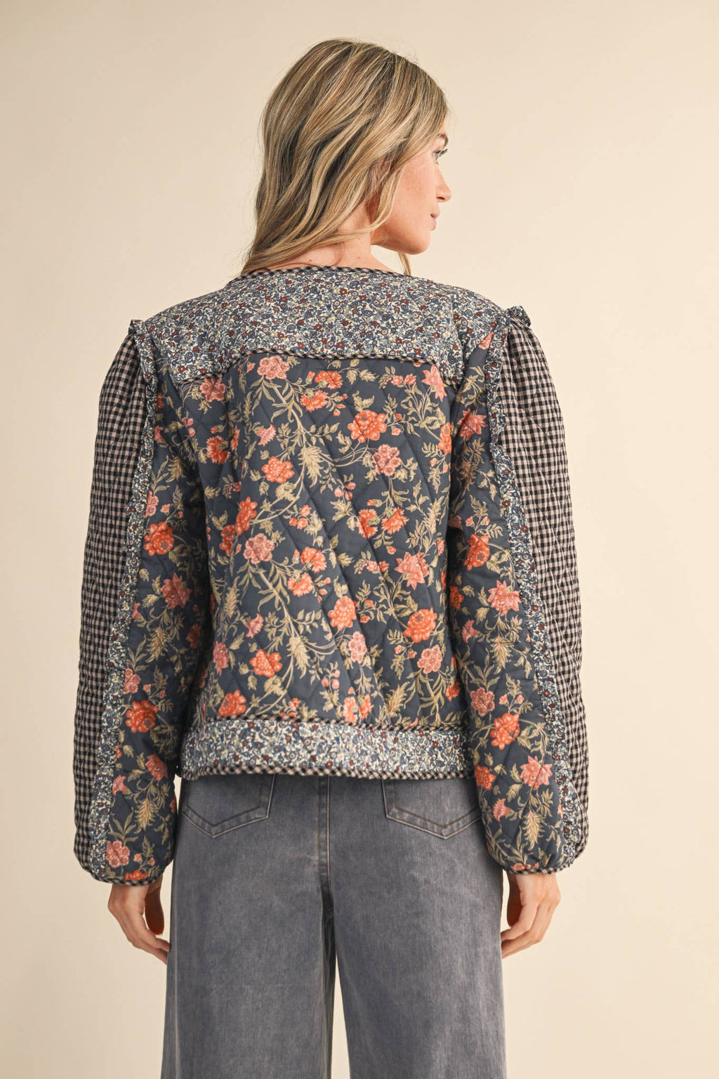 BURGUNDY MIXED PRINT QUILTED JACKET WITH RUFFLE TRIM