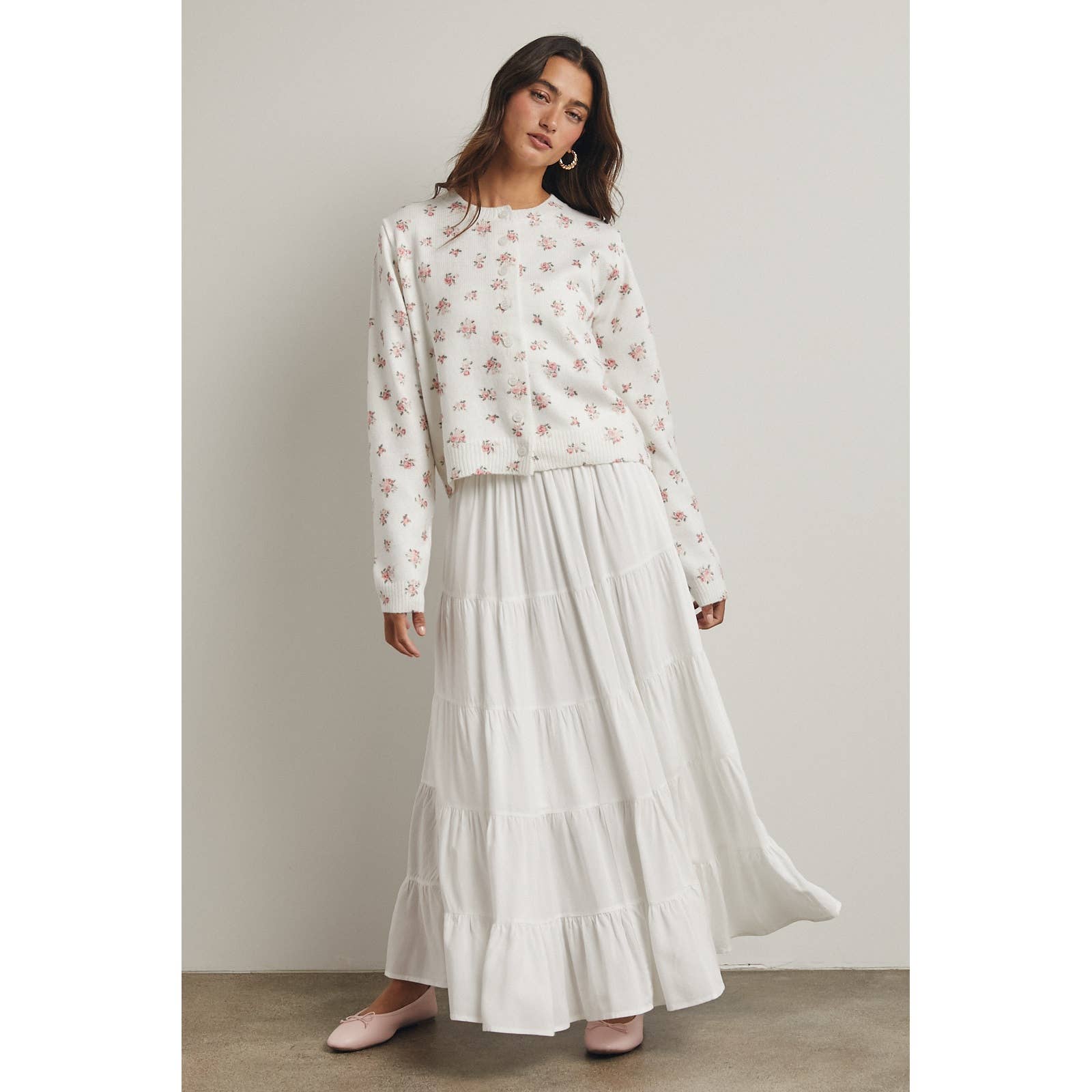 FLORAL BUTTON-UP SWEATER CARDIGAN | OFF WHITE & PINK