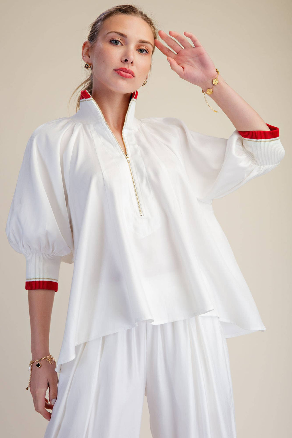 Navy Mock Neck Band Puff Sleeve Blouse
