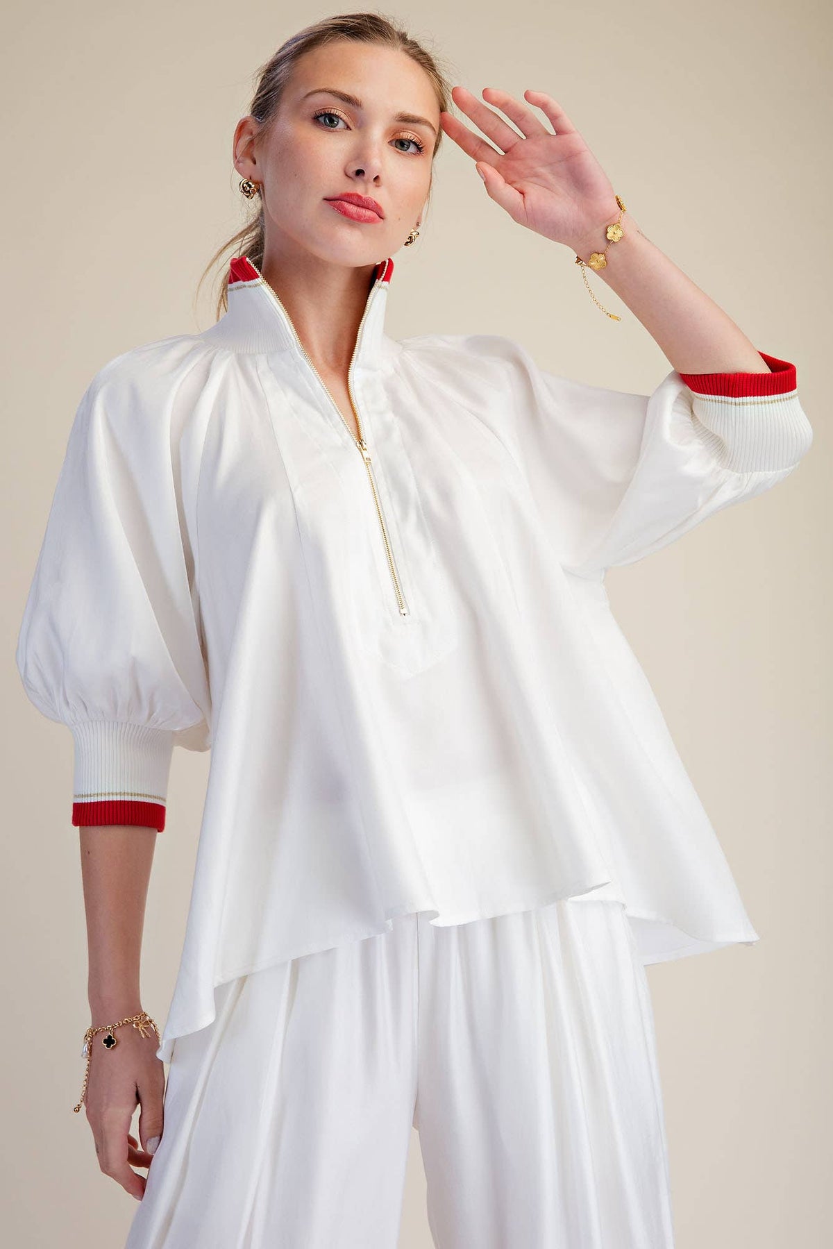 Navy Mock Neck Band Puff Sleeve Blouse