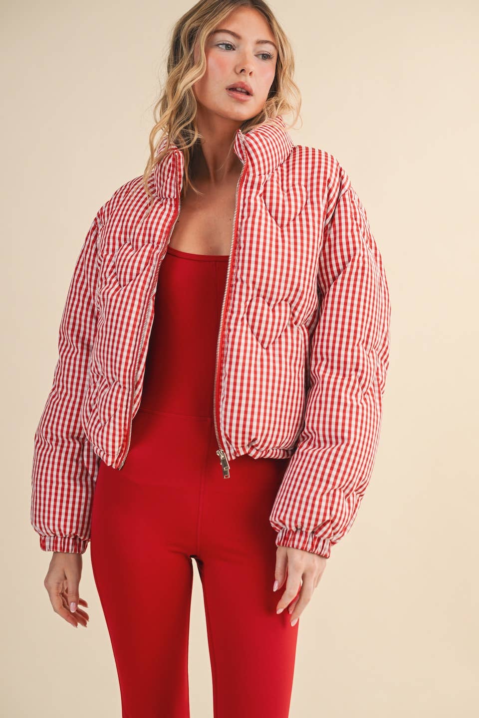 Red Gingham Print Puffer Jacket with Heart Shaped Quilting