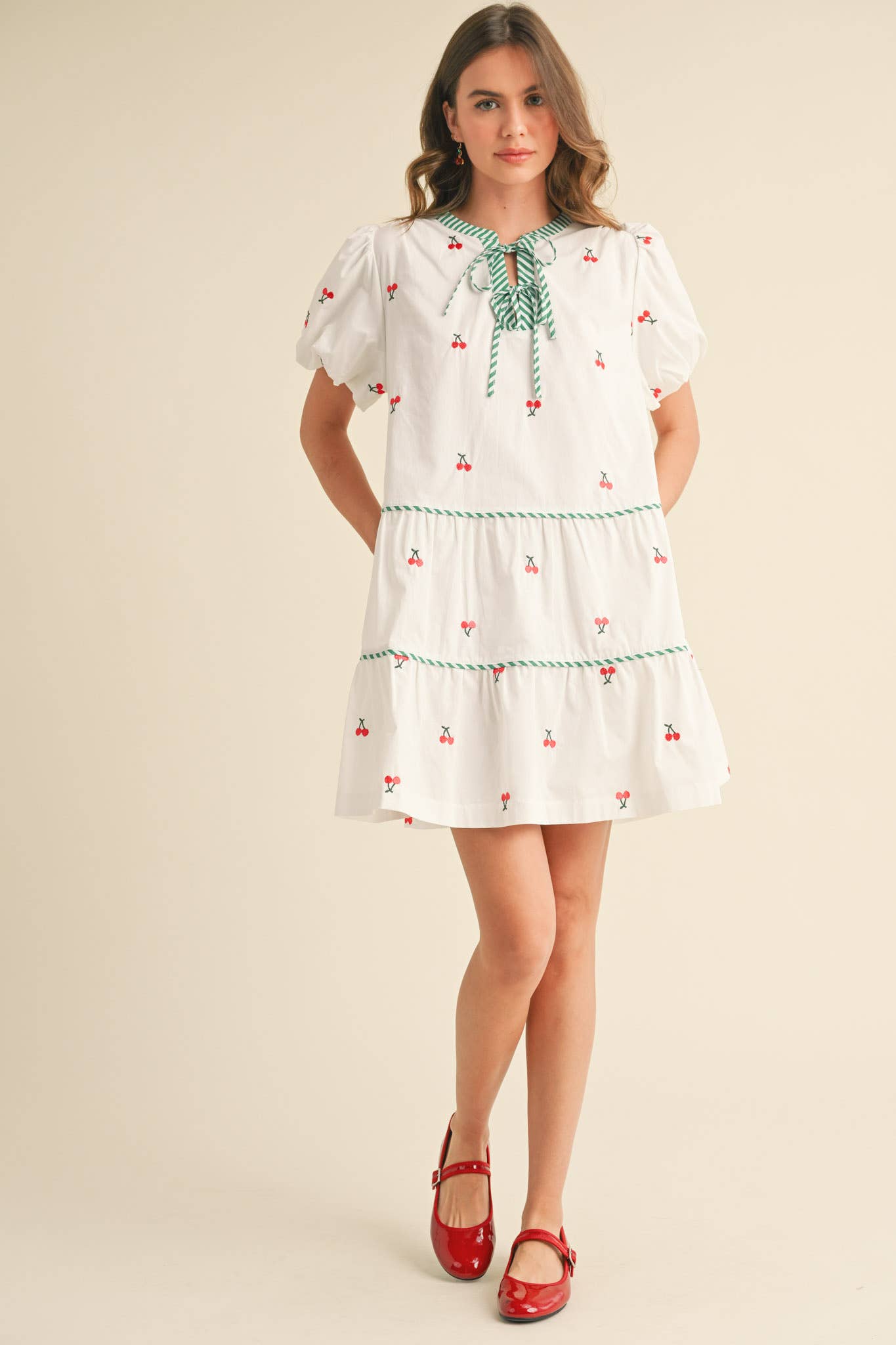 CHERRY EMBROIDERY PUFF SLEEVE MINI DRESS