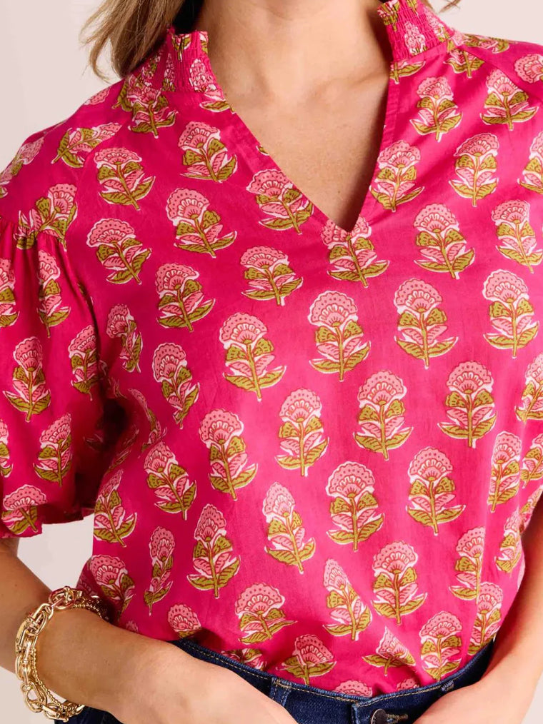 Raspberry Block Print Puff Sleeve  Top