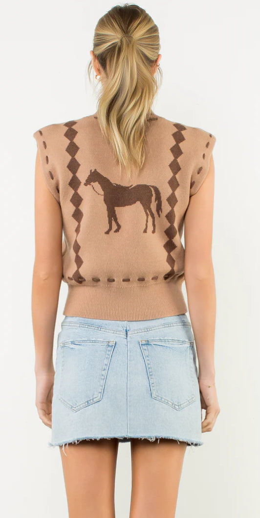 Camel Sleeveless Horse Knit Top