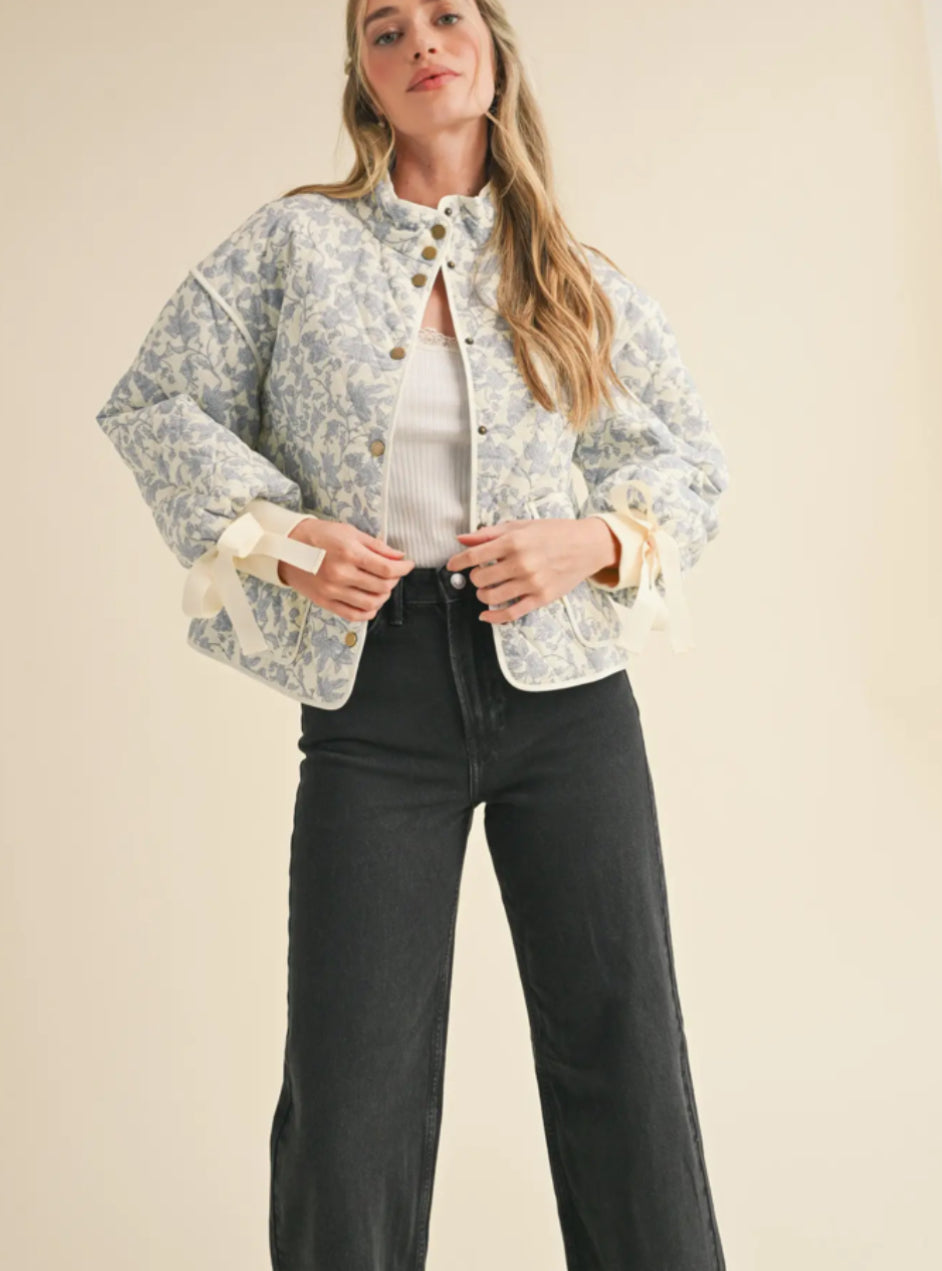 Ivory Blue Floral Quilted Jacket