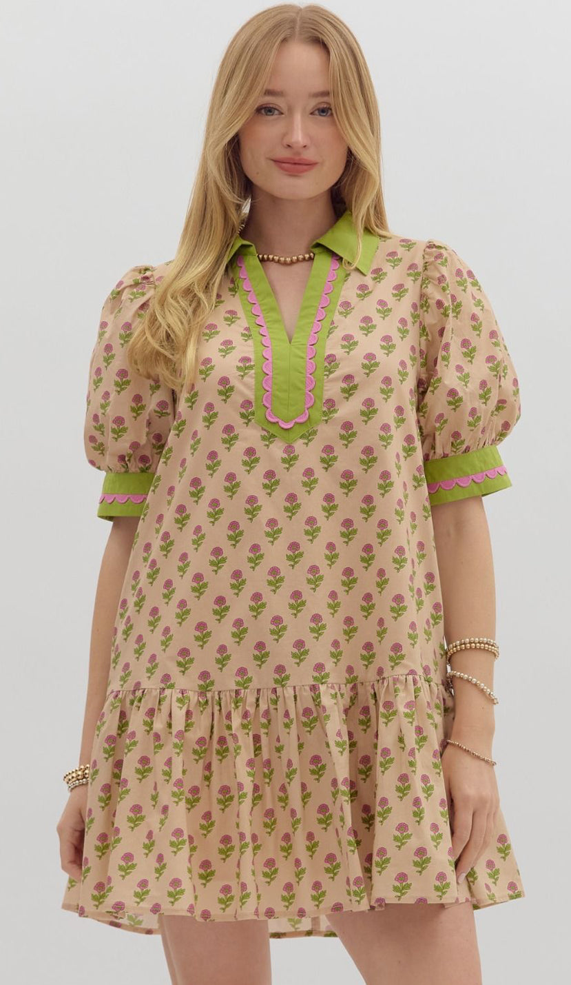 Scallop Contrast Green Trim Puff Sleeve Dress : ENTRO