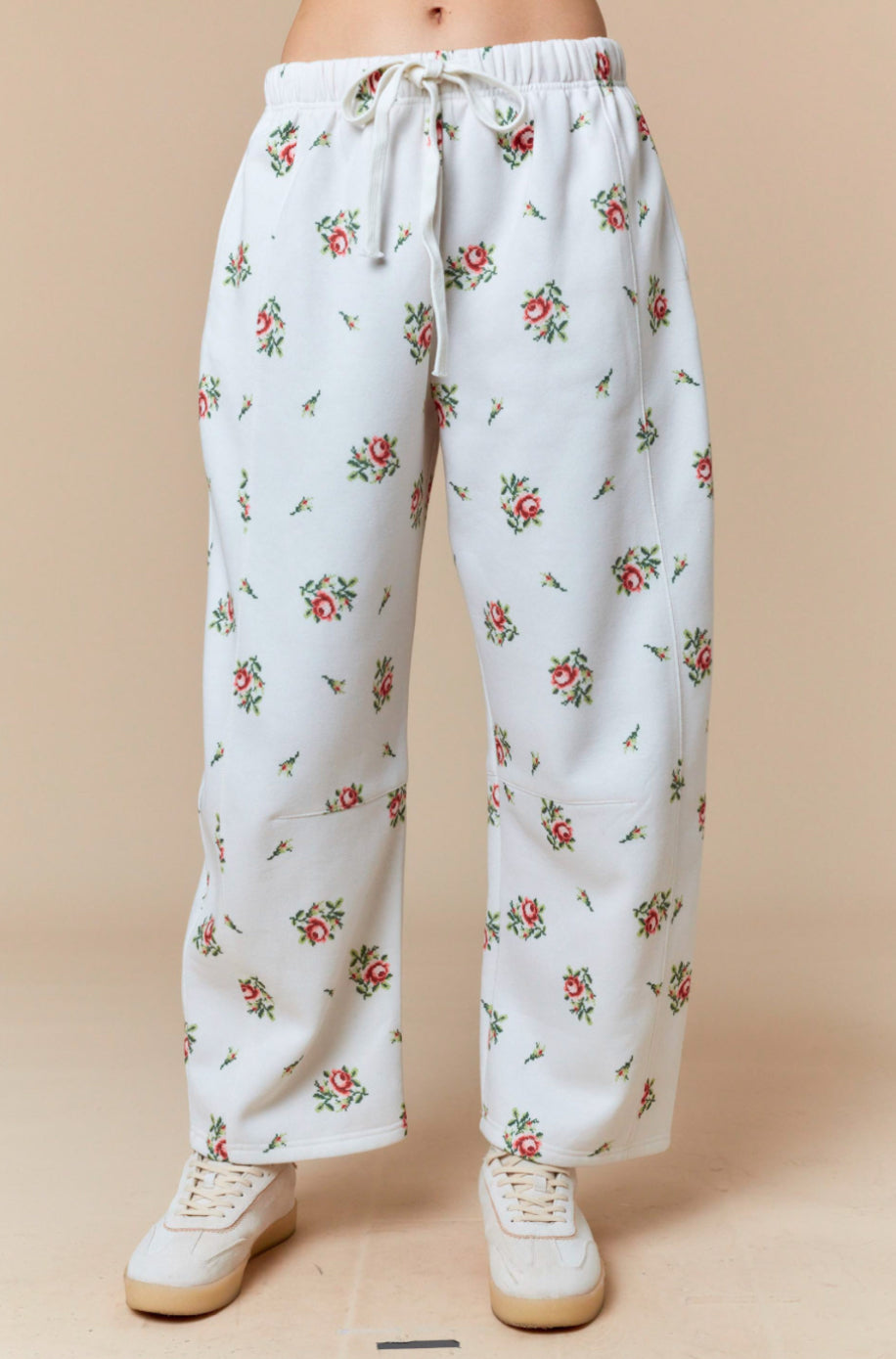 Floral Printed Fleece Terry Barrel Leg Sweatsuiit