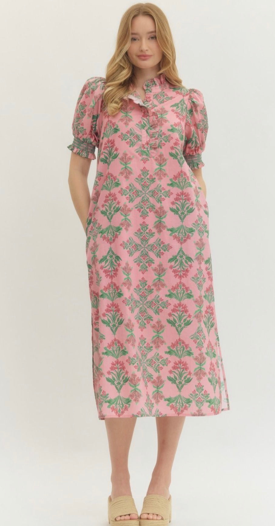Pink Botanical Puff Sleeve Midi Dress