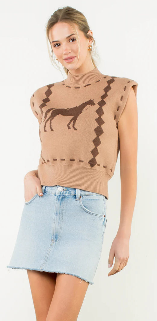 Camel Sleeveless Horse Knit Top
