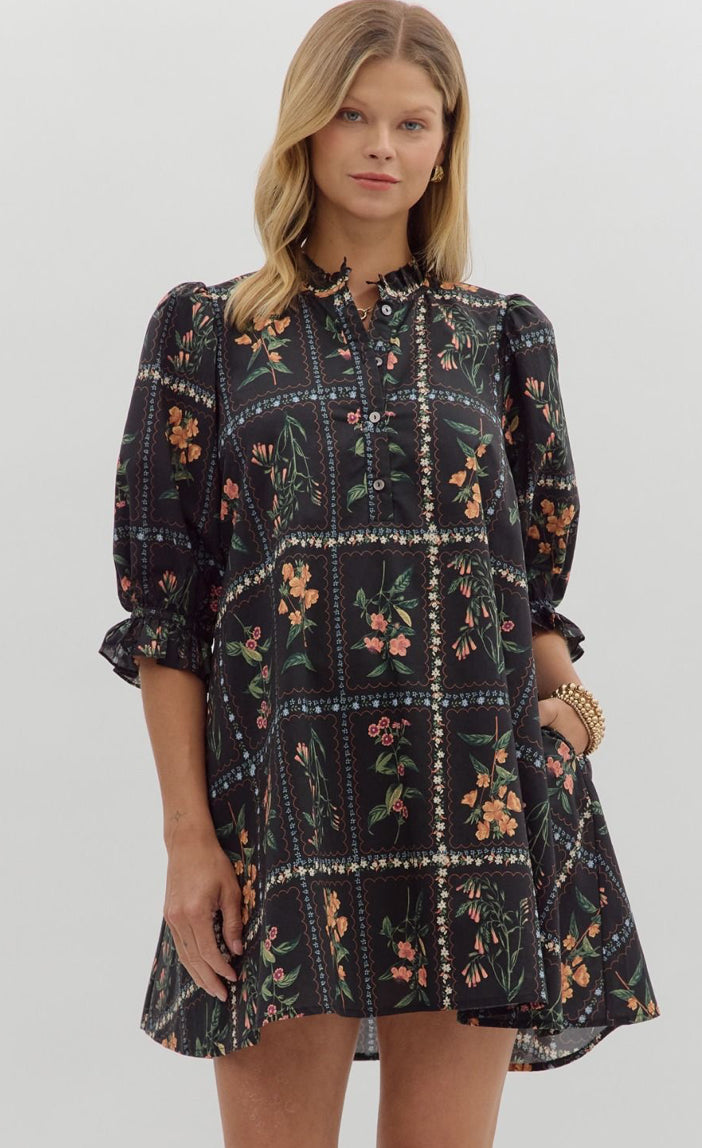 Black Floral Panel 3/4 Ruffle Puff Sleeve Dress : ENTRO