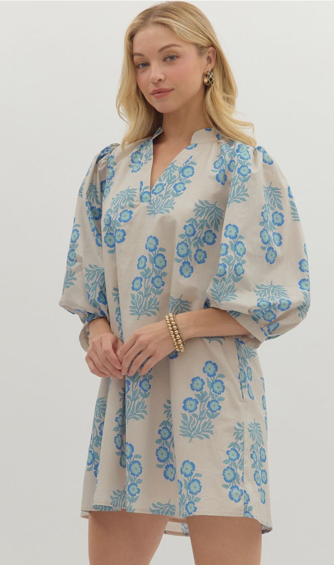 Blue Block Print Puff Sleeve Shift Dress : ENTRO