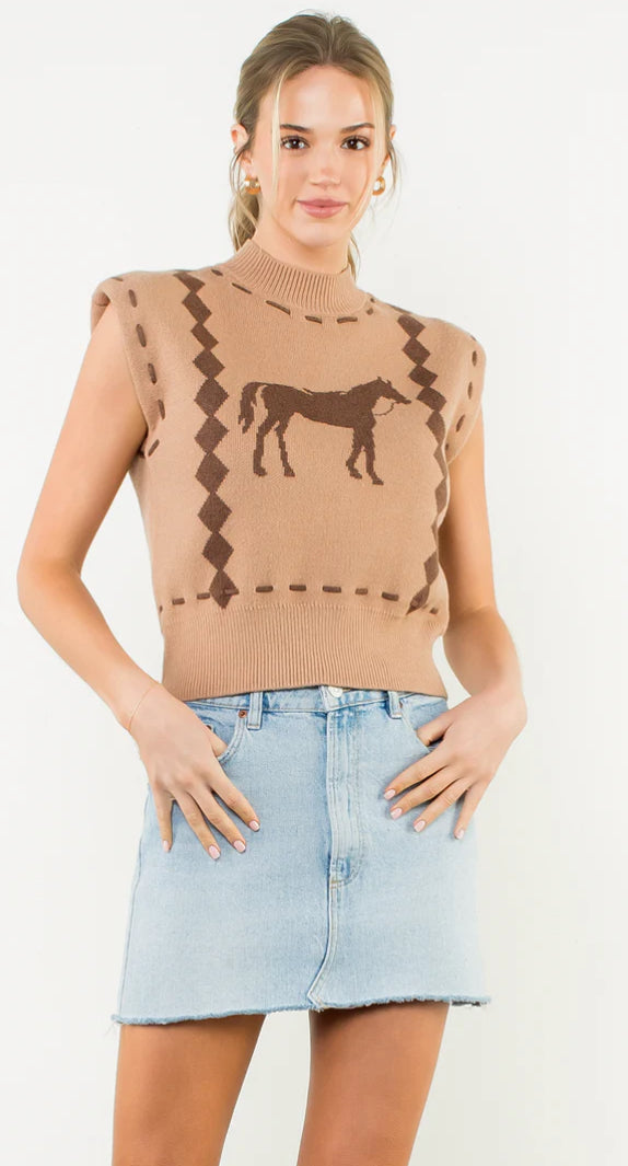 Camel Sleeveless Horse Knit Top