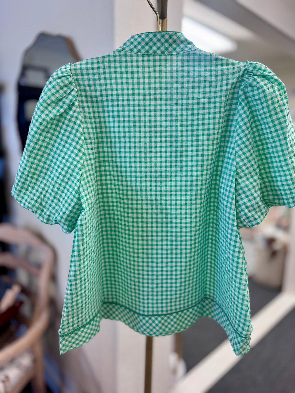 Green Gingham Puff Sleeve Embroidered Top