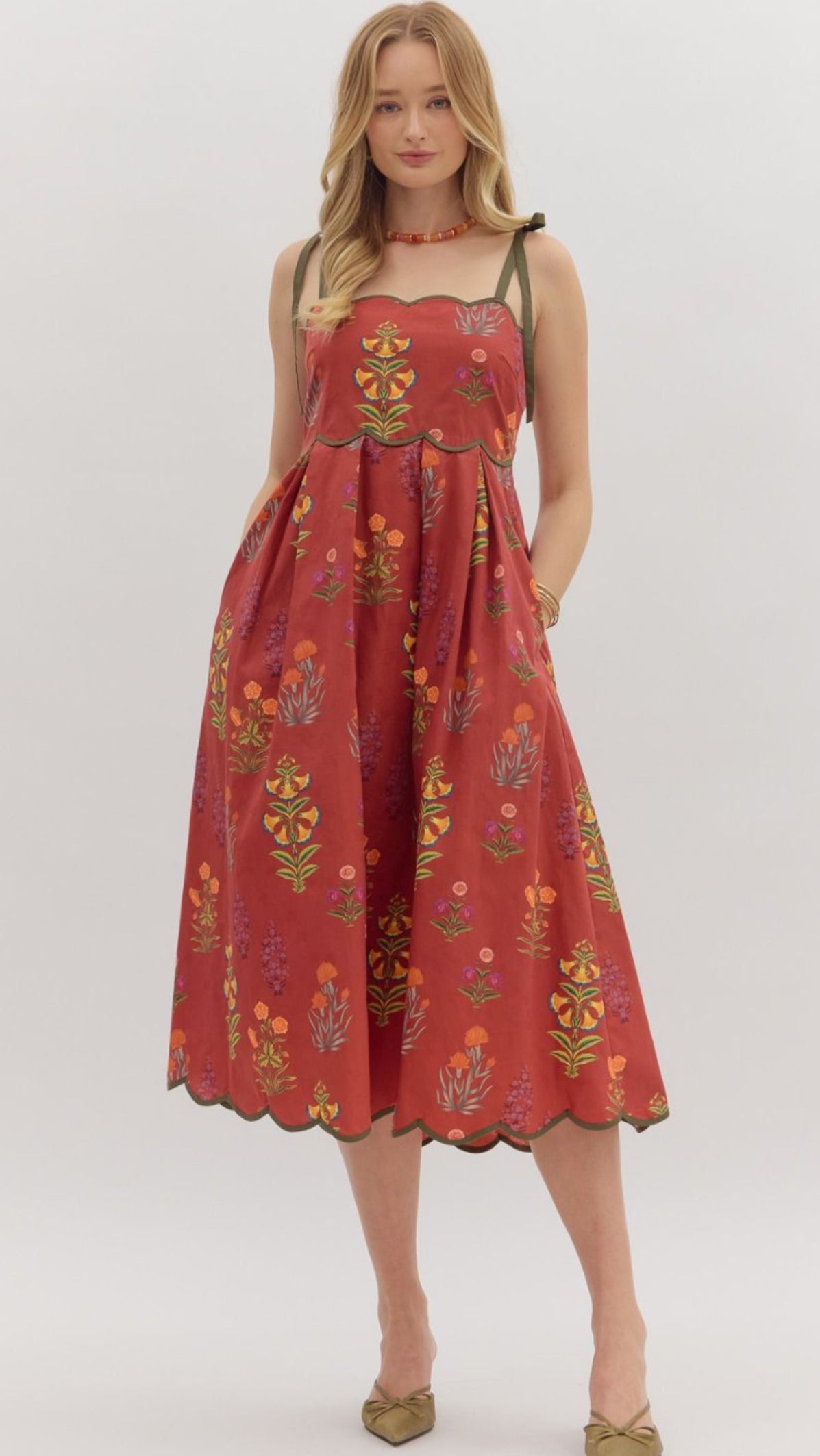 Wine Floral Print Tie Strap Midi Dress
