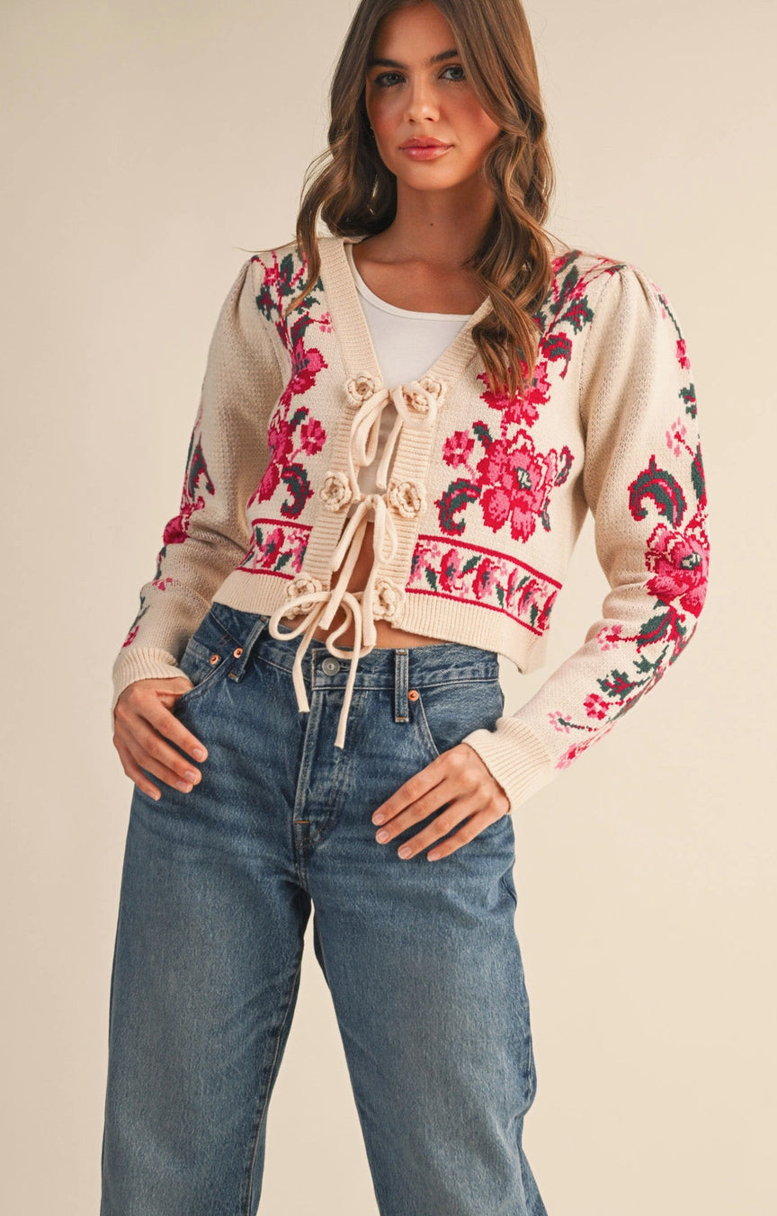 Ivory Red Floral Tie Front Sweater