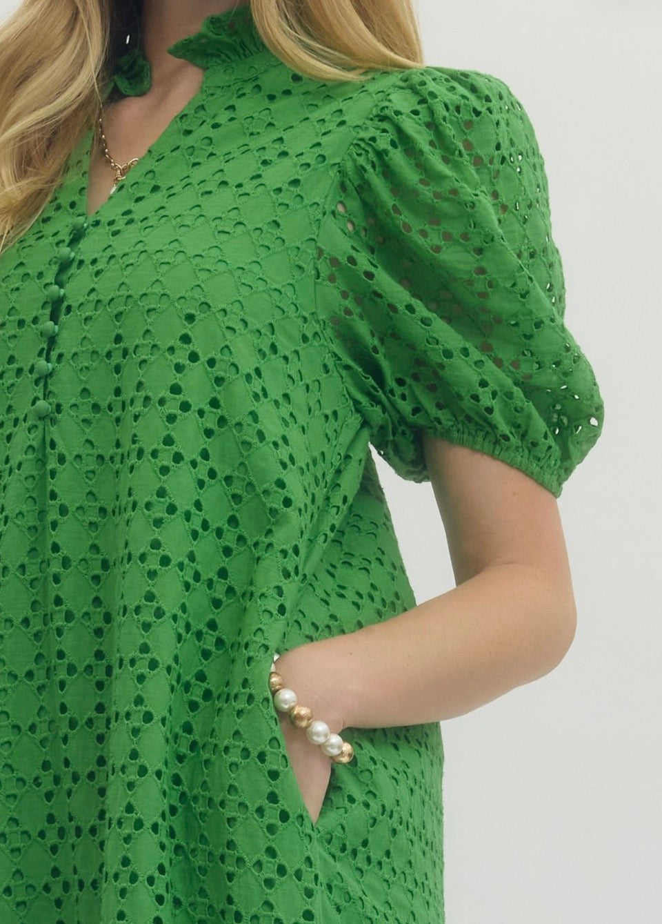 Eyelet Green Puff Sleeve Midi Dress