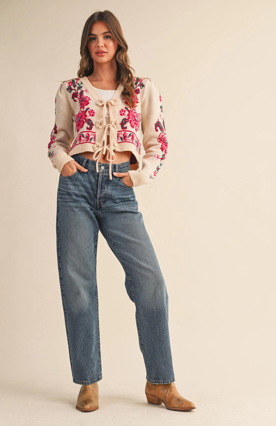 Ivory Red Floral Tie Front Sweater