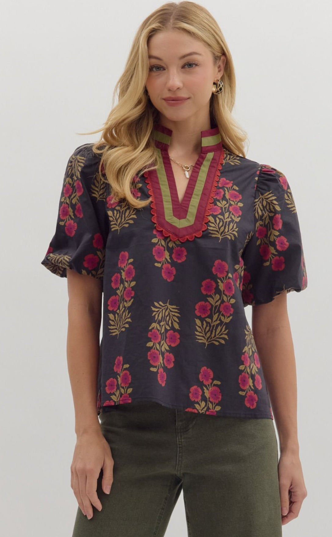 Black Block Print Bubble Sleeve Top : ENTRO