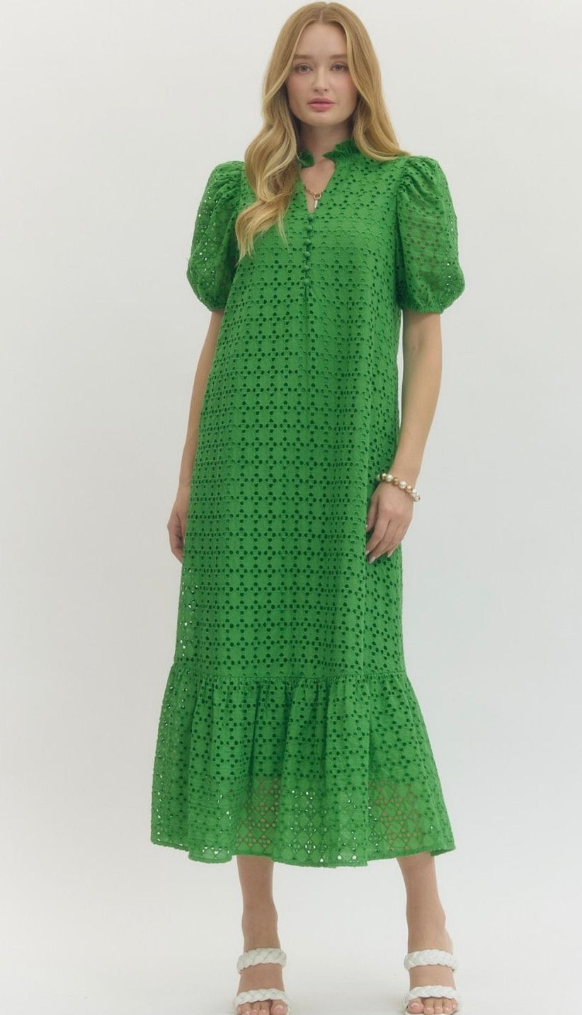 Eyelet Green Puff Sleeve Midi Dress