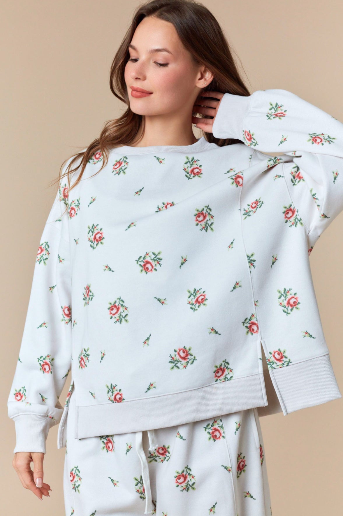 Floral Printed Fleece Terry Barrel Leg Sweatsuiit