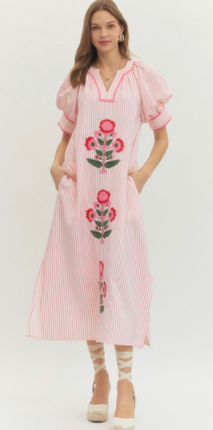 Striped Short Sleeve Floral Embroidered Midi Dress