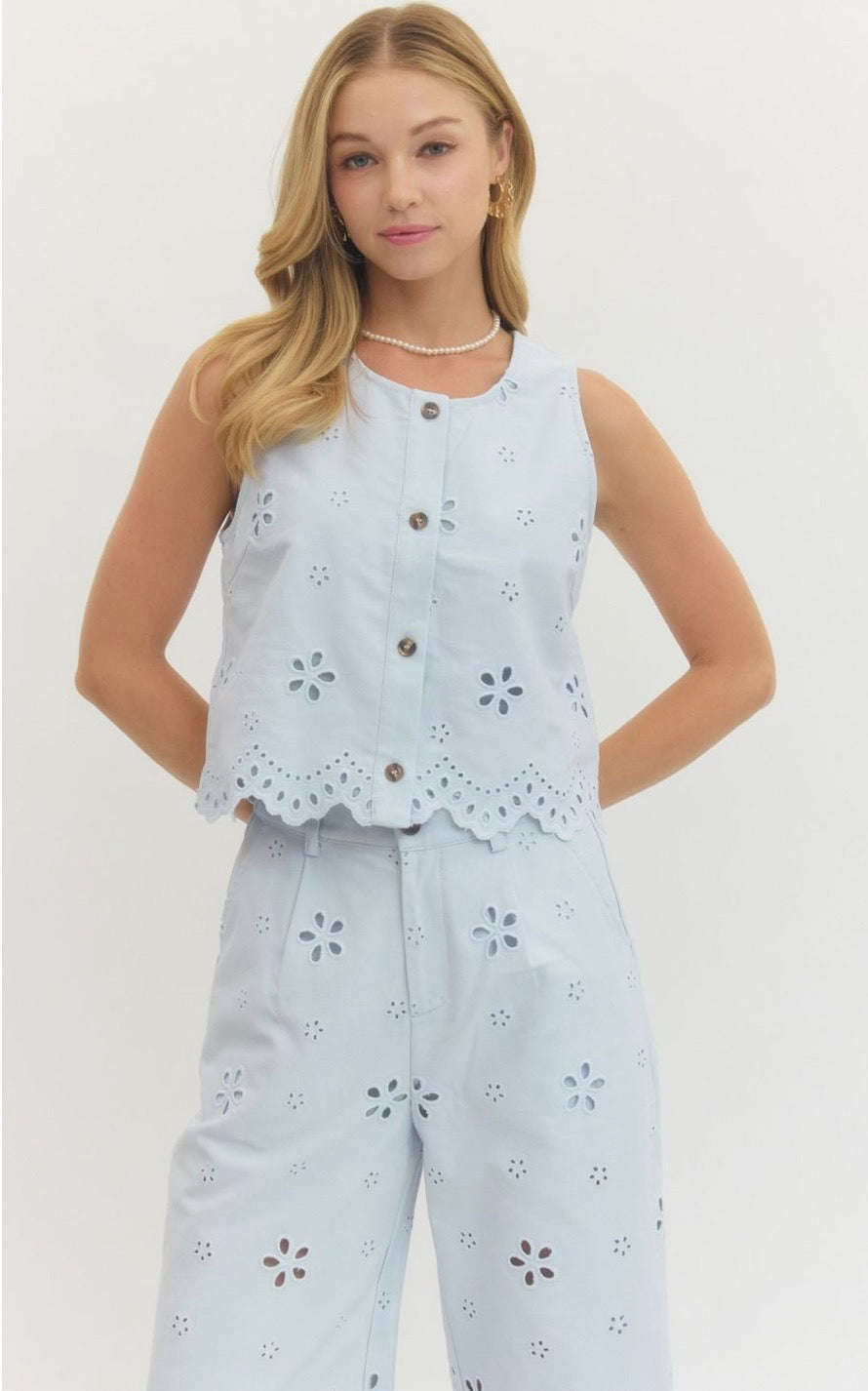 Light Blue Eyelet Cropped Set
