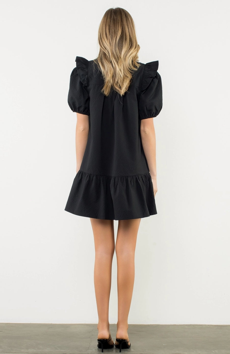 Black Textured Puff Sleeve Dress