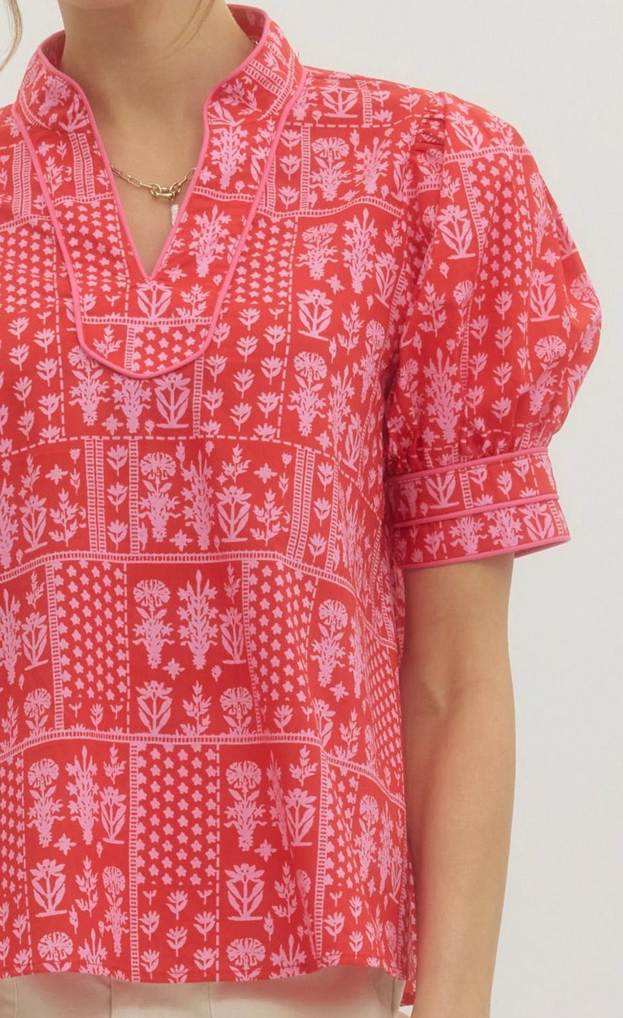 Red Embroidered Puff Sleeve Top