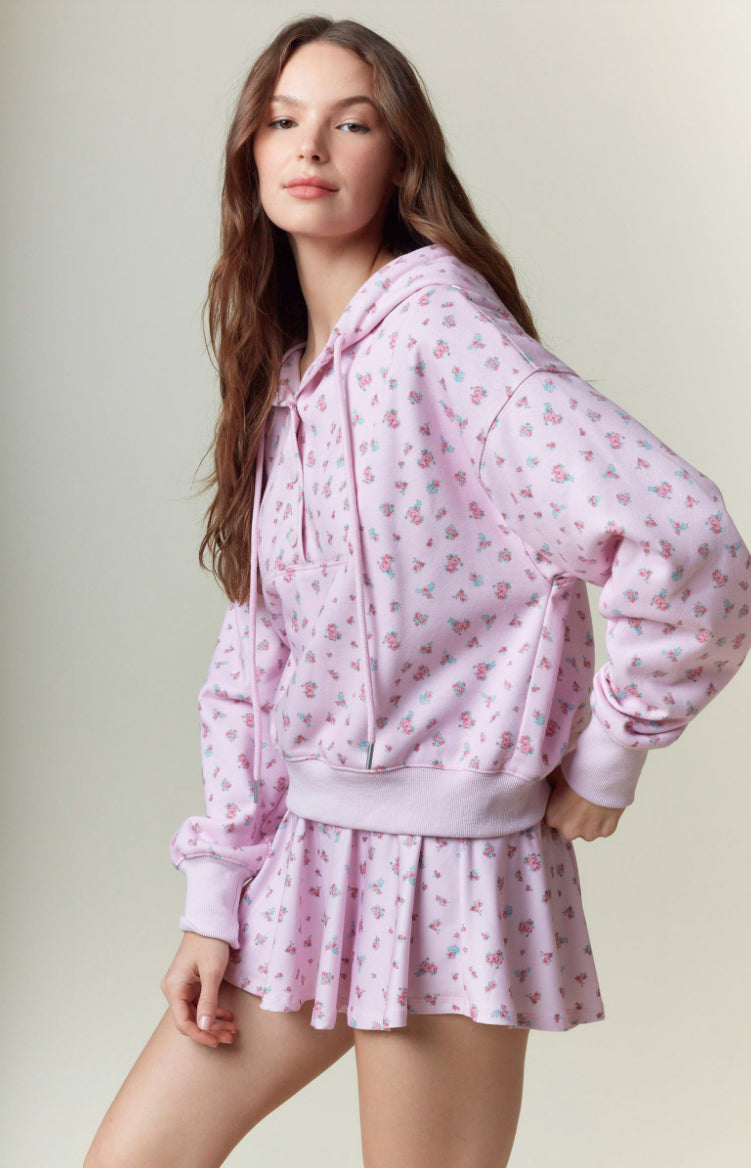 Floral Printed Fleece Snap Detail Hoodie
