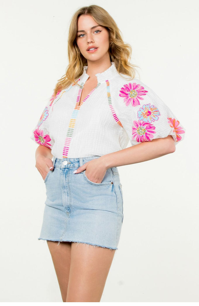 White Textured Embroidered Puff Sleeve Top