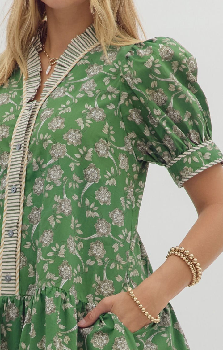 Green Floral Ruffle Hem Puff Sleeve Dress : ENTRO