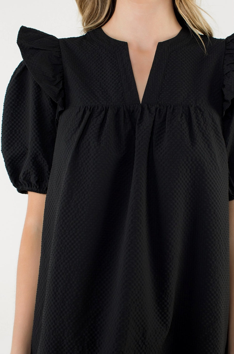 Black Textured Puff Sleeve Dress